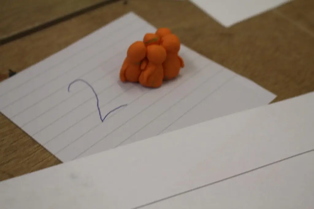 A photo of a plasticine sculpture created by a participant during a playtest. The sculpture is of five small, round people gathered close together, as if in a huddle or group hug. The sculpture is placed on top of a sheet of paper labelled with a large number "two" written on it. This is on top of a wooden table.
